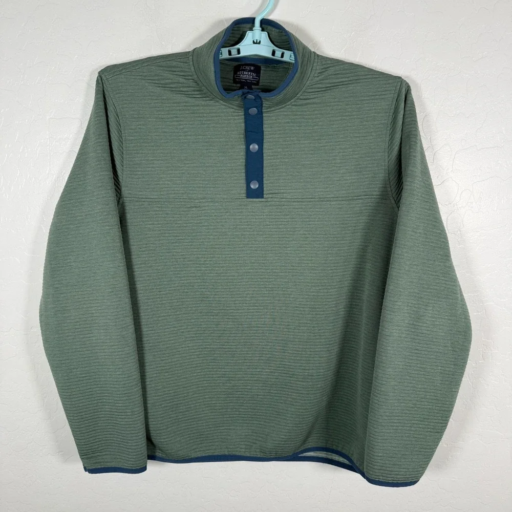 J Crew Sweater Mens XL Green Snap‎ Pullover Ribbed Stretch Preppy Casual